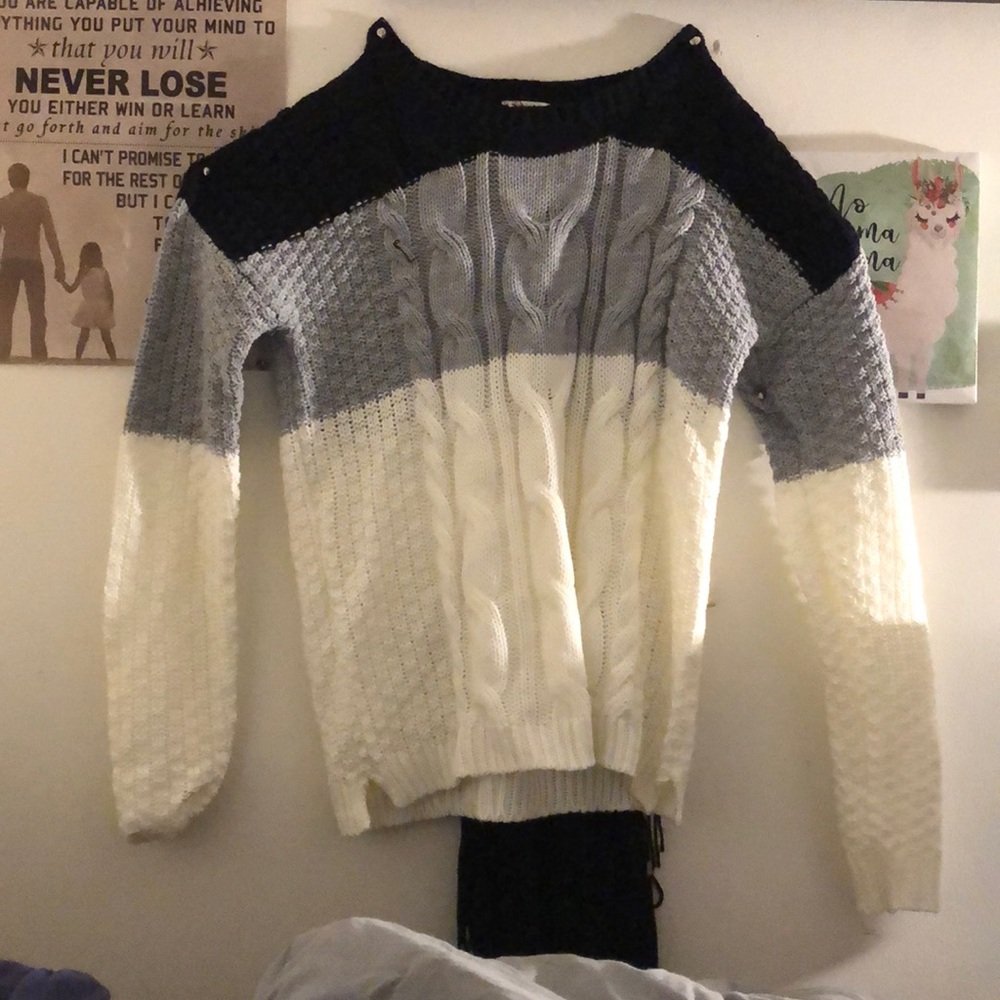 Black, gray, white sweater.  Very comfortable